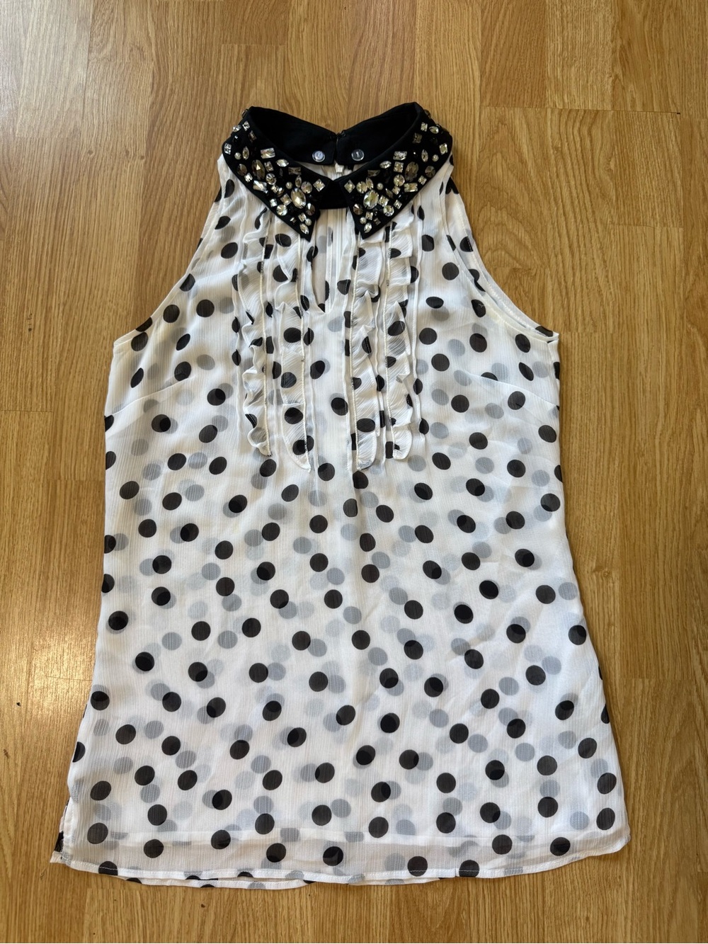 Embellished Collar Polka Dot Sleeveless Blouse - Size 0